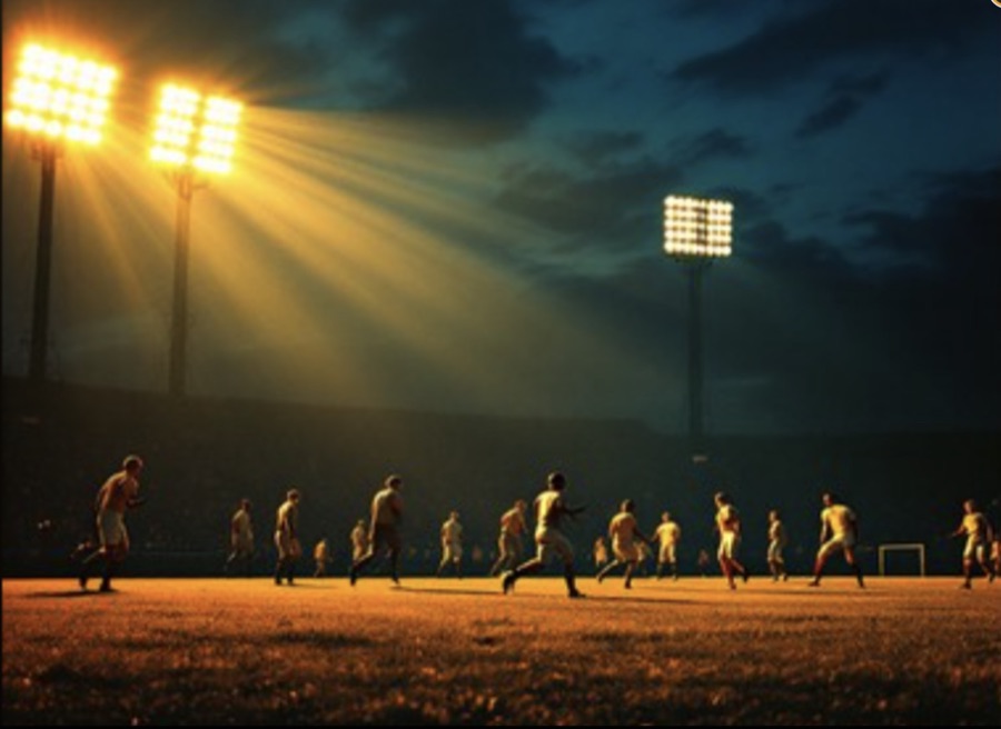 Floodlit stadium with players mid-match