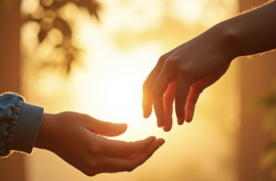 Two hands reaching toward each other at sunset