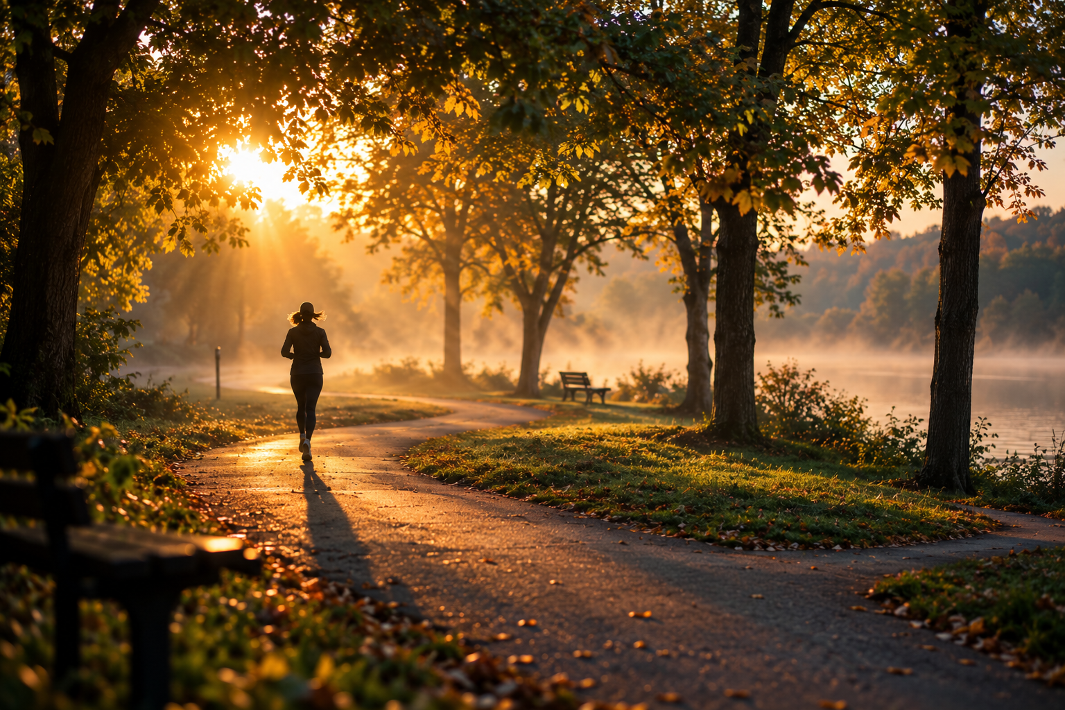 Runner on a winding tree-lined park path at a misty sunrise