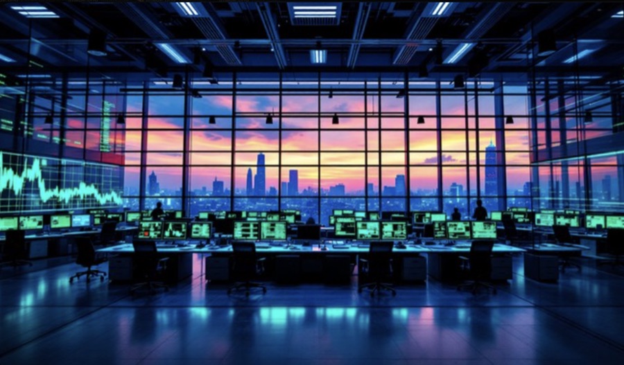 Trading floor with monitors overlooking a city skyline