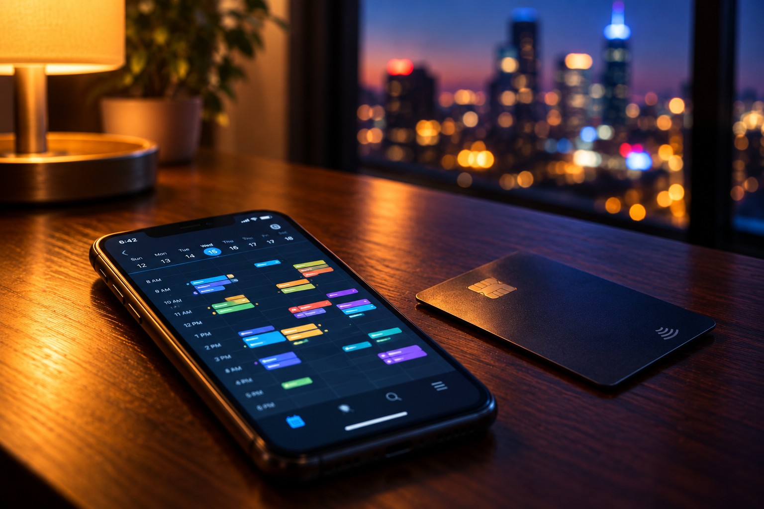 Phone showing a calendar of colored events beside a credit card at night